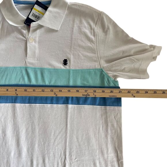 IZOD Men's Polo Shirt Size Medium Performance Stretch Blue Striped Colorblock - Picture 4 of 7